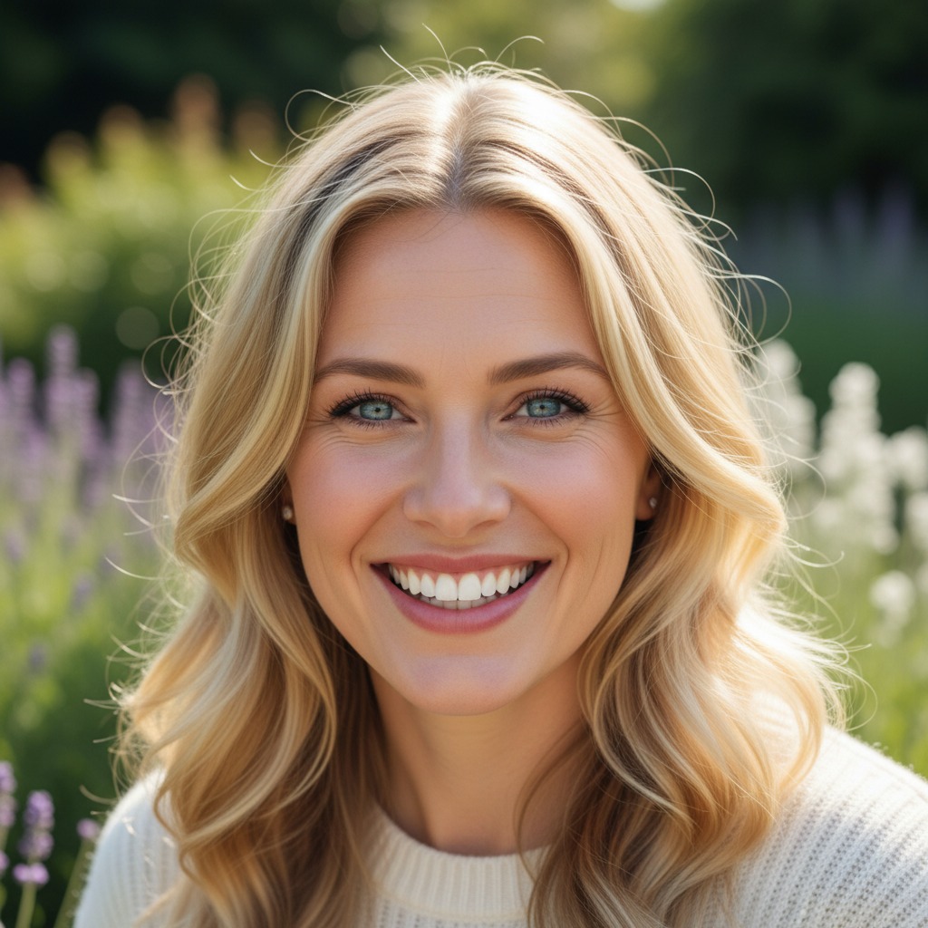 Retrato de uma mulher loira sorridente ao ar livre, com um jardim verde e flores desfocadas ao fundo.